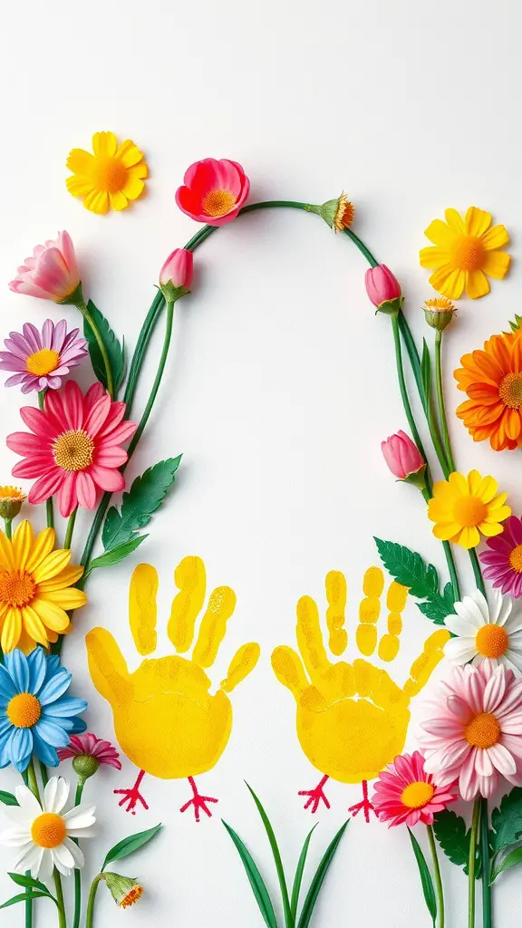 15 Fun Easter Crafts for Toddlers to Spark Creativity 6 Colorful handprint art of chicks surrounded by flowers and greenery.