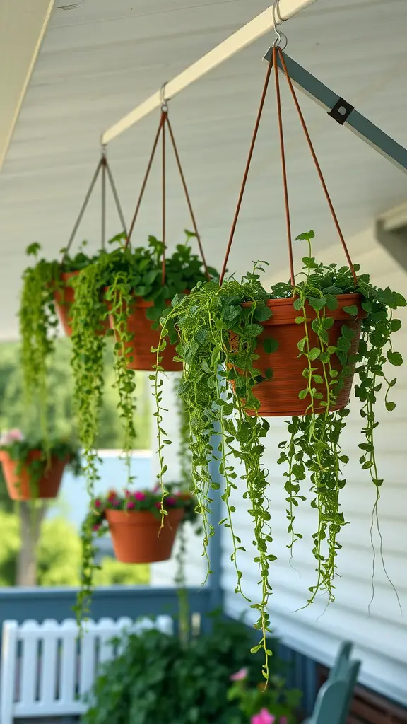 21 Creative Mobile Home Garden Ideas You Need to Try 10 Hanging baskets with lush green plants on a porch.