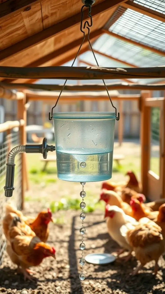 17 Creative DIY Chicken Waterer Ideas for Your Coop 9 A hanging bucket waterer for chickens, featuring a clear bucket with a spout, suspended in a chicken coop.