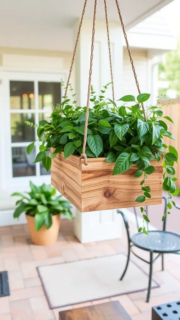 29 Affordable DIY Patio Furniture Ideas for Your Outdoor Space 26 A hanging planter made from reclaimed wood filled with green plants, hanging in a patio setting.