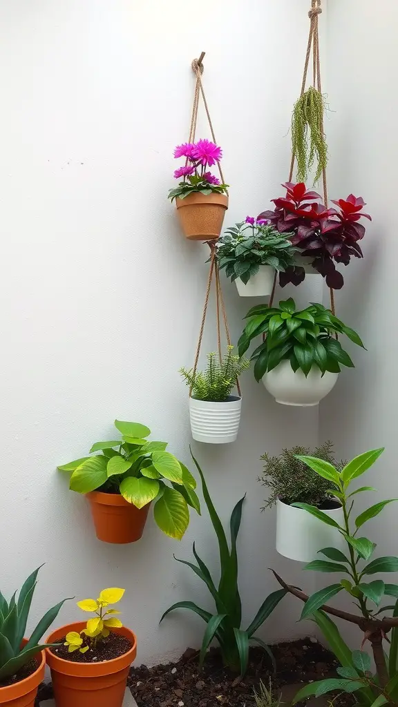 23 Creative Corner Garden Ideas for Your Backyard 22 A variety of colorful hanging planters with different plants, displayed against a white wall.