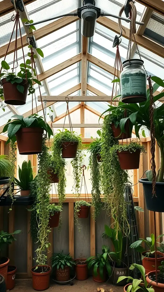 23 Stylish Potting Shed Interior Ideas for a Modern Touch 15 Interior of a potting shed with hanging planters and various green plants