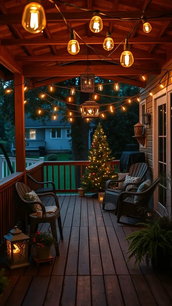 19 Charming Back Deck Decorating Ideas for a Cozy Outdoor Space 10 A back deck decorated with hanging string lights, featuring cozy seating, lanterns, and a small Christmas tree.