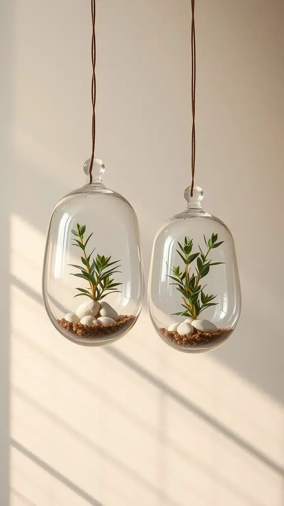 15 Hanging Plant Wall Indoor DIY: Gorgeous Ideas You’ll Want to Try Right Now! 10 Two hanging glass terrariums with small plants inside, suspended by brown strings, in a sunlit setting.