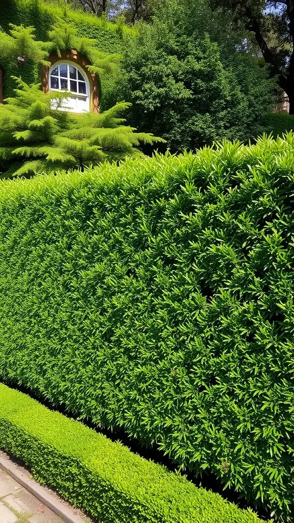 27 Affordable DIY Fence Ideas to Transform Your Yard 15 A well-trimmed green hedge fence surrounding a yard with a window in the background.