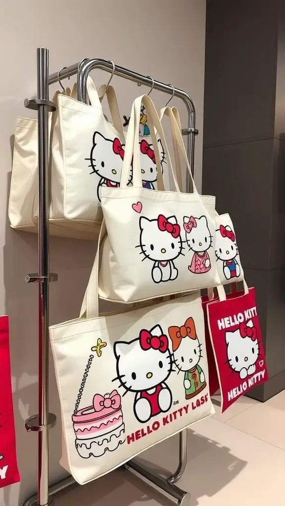 33 Adorable Hello Kitty Crafts to Try Today 35 A variety of Hello Kitty decorative tote bags displayed on a rack.