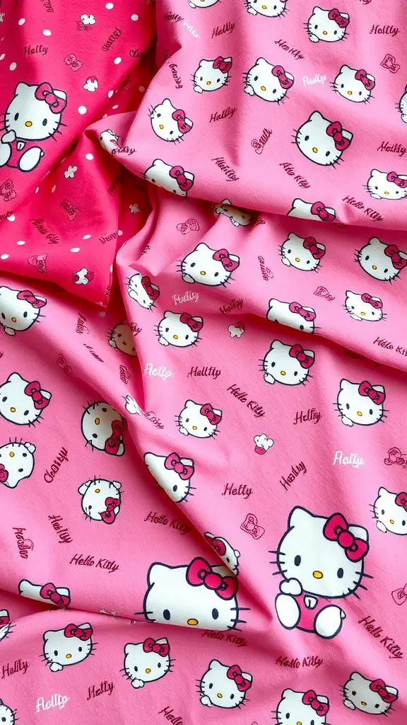 33 Adorable Hello Kitty Crafts to Try Today 30 Hello Kitty fabric swatches featuring pink background with Hello Kitty illustrations