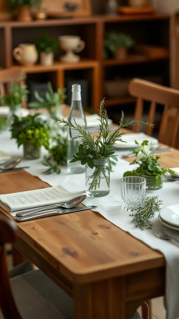 25 Creative Mother's Day Brunch Decor Ideas for Home 17 A nicely decorated table for Mother’s Day brunch with herbs in jars and a simple menu layout.