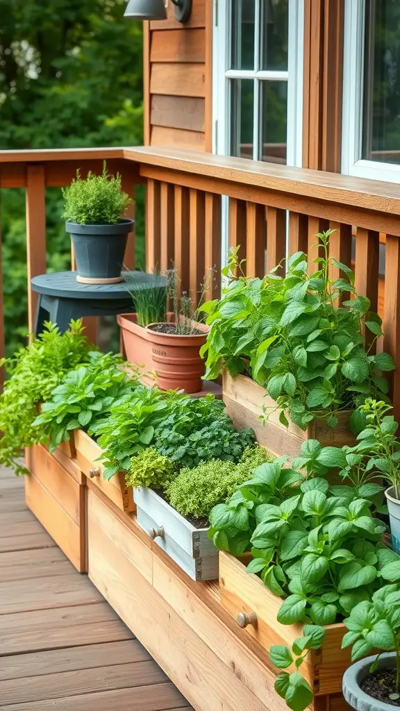 15 Inspiring Outdoor Deck Decorating Ideas to Transform Your Space 4 A vibrant herb garden in wooden planters on an outdoor deck