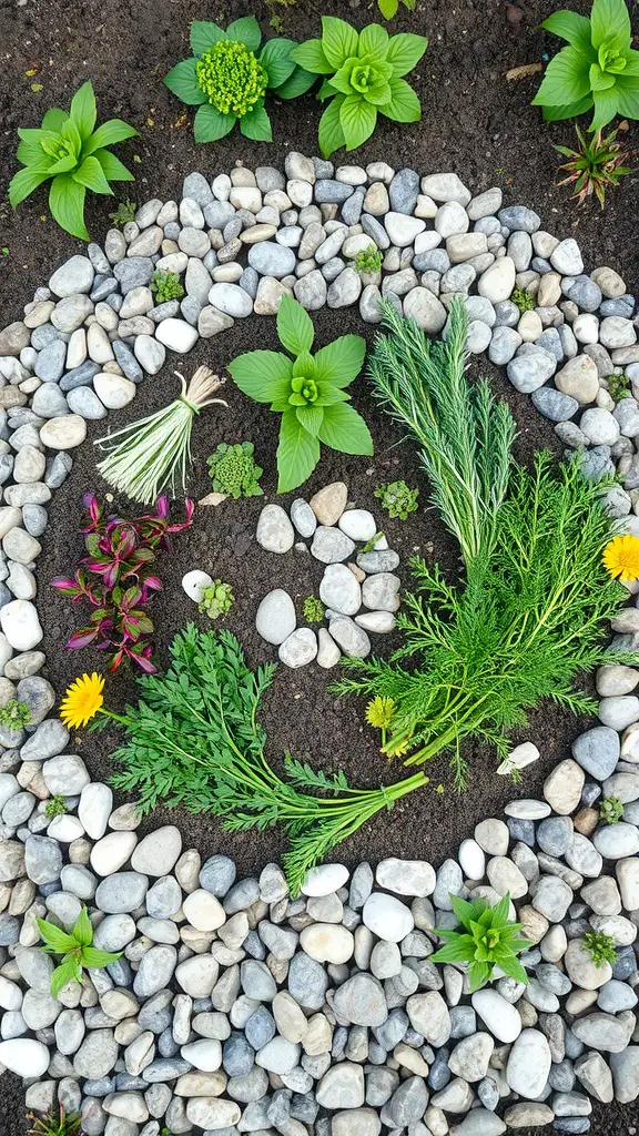 27 Creative Small Garden Plans for Limited Spaces 10 A top view of a herb spiral garden featuring various herbs and plants arranged in a circular pattern with stones.