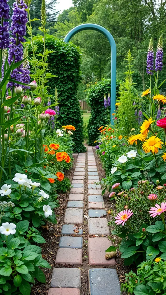 31 Creative Garden Walkway Ideas for Your Outdoor Space 18 A picturesque garden walkway flanked by colorful flowers and greenery.