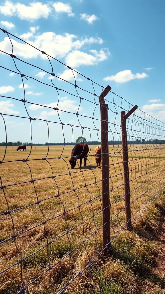 27 Affordable DIY Fence Ideas to Transform Your Yard 10 Hog wire fence with wooden posts and a field in the background