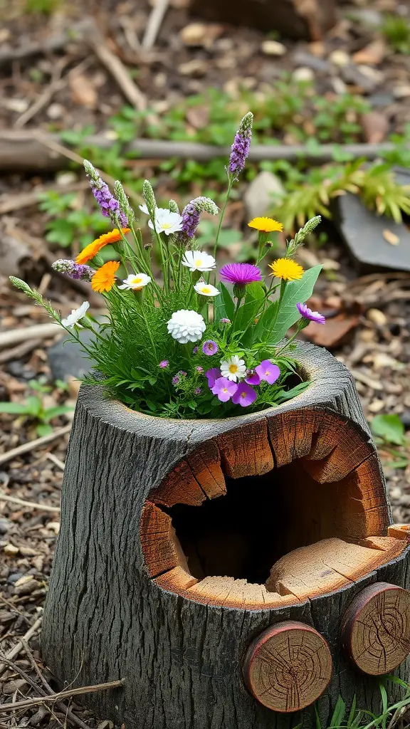 27 Planter Boxes DIY: Transform Your Garden with These Easy Hacks! 27 A hollow log planter filled with colorful flowers in a garden setting.