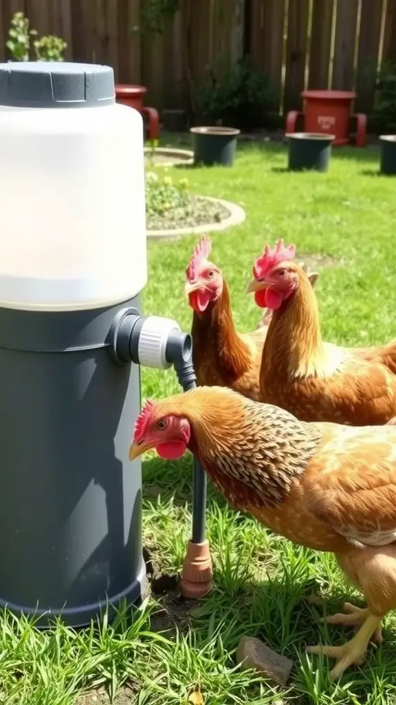17 Creative DIY Chicken Waterer Ideas for Your Coop 16 A hose connector waterer with chickens nearby, showing a practical setup for providing water to poultry.