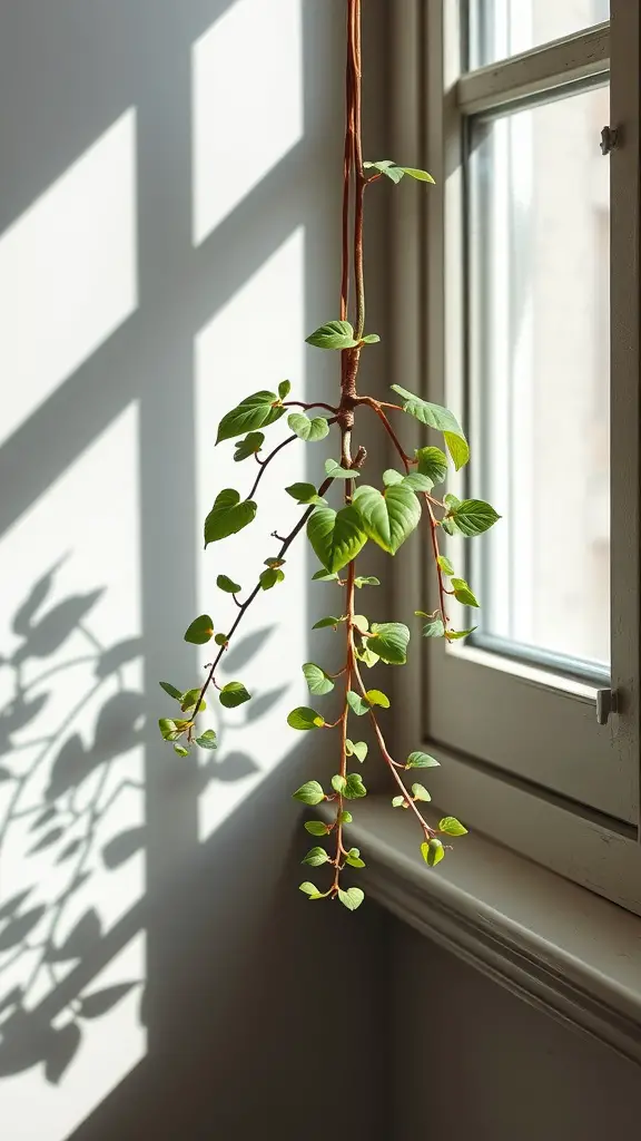 15 Gorgeous Hanging Plants Perfect for Your Windowsill 10 A Hoya Heart plant with heart-shaped leaves hanging in front of a window, casting shadows on the wall.