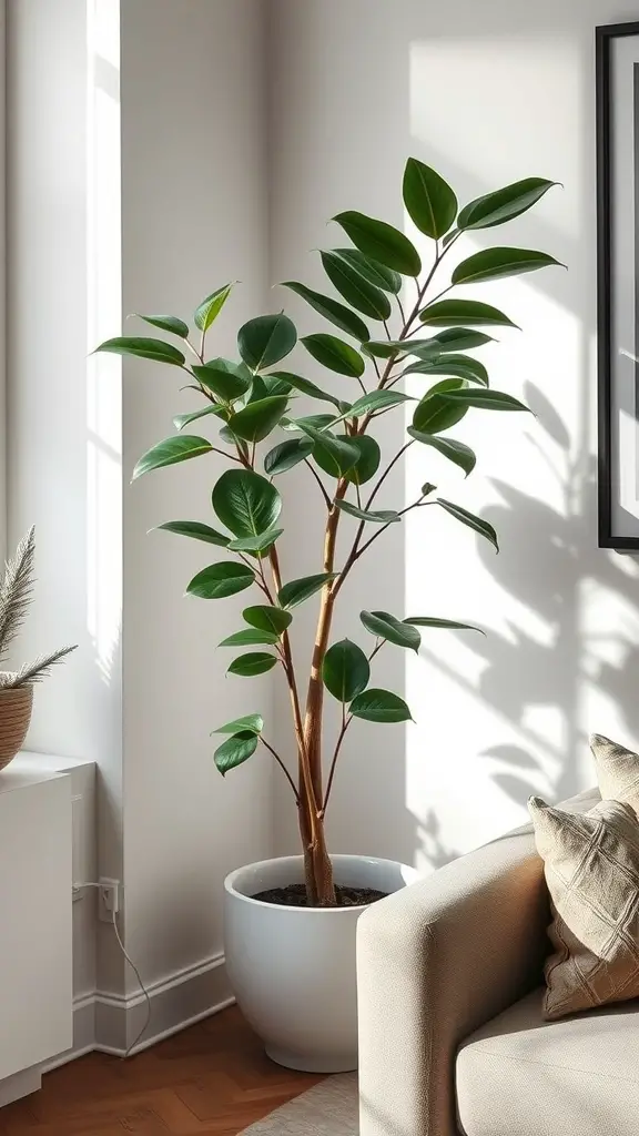 A Hoya plant with glossy green leaves in a modern living room corner.