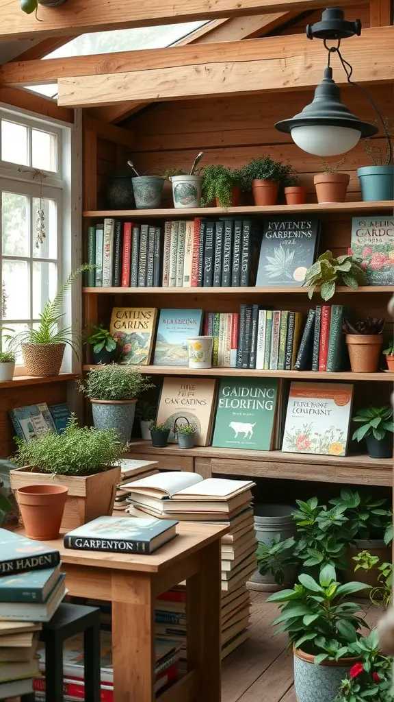 23 Stylish Potting Shed Interior Ideas for a Modern Touch 23 A cozy potting shed interior with shelves of gardening books, potted plants, and a warm wooden aesthetic.