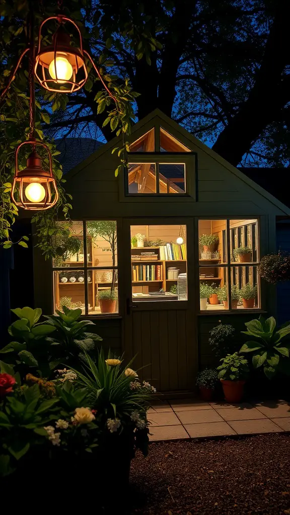 23 Stylish Potting Shed Interior Ideas for a Modern Touch 17 A cozy potting shed illuminated at night with warm hanging lights and bright interiors, surrounded by plants.