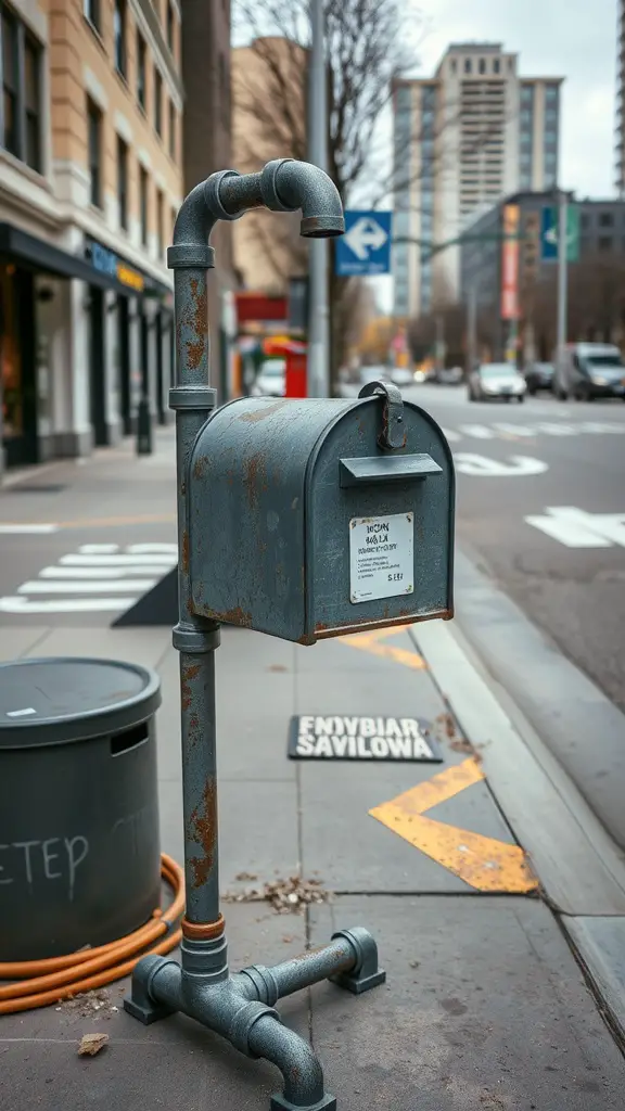 21 Creative DIY Mailbox Post Ideas for a Unique Curb Appeal 11 An industrial pipe mailbox stand with a weathered look on a city street.
