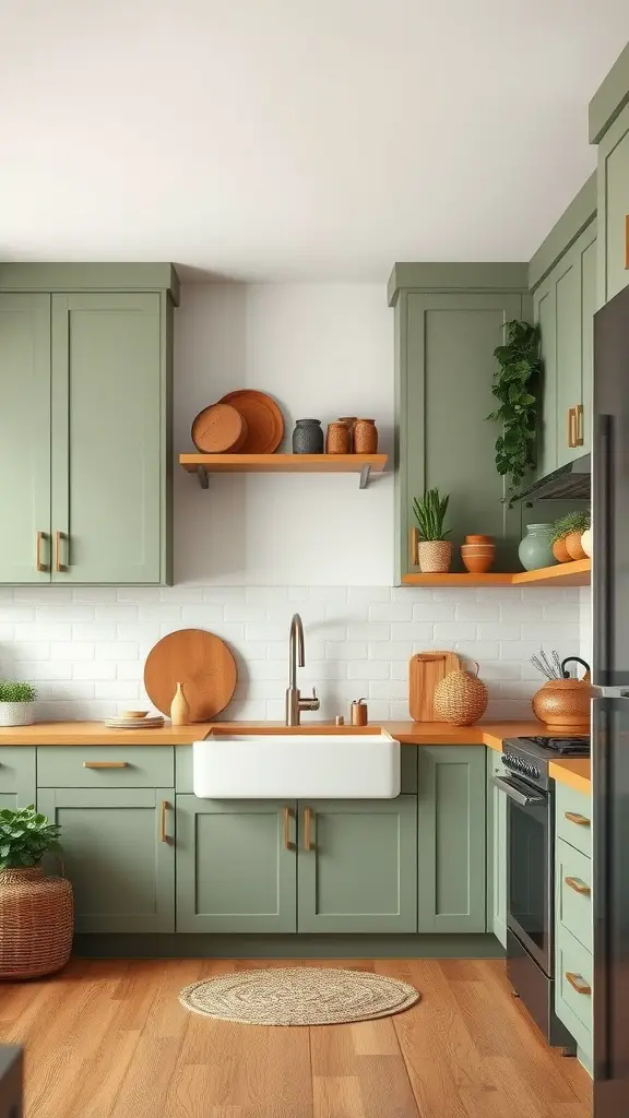 29 Stunning Sage Green Kitchen Cabinet Ideas for a Fresh Look 24 A cozy kitchen with sage green cabinets, wooden accents, and natural decor elements.