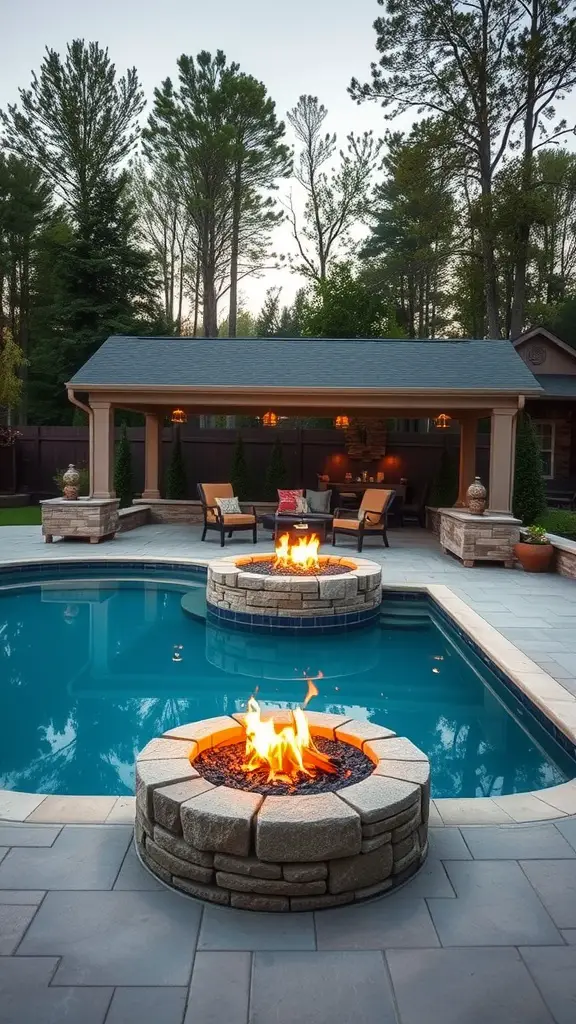 17 Stunning In-Ground Pool Ideas to Transform Your Backyard 17 An outdoor pool area featuring integrated fire pits, surrounded by seating and trees.