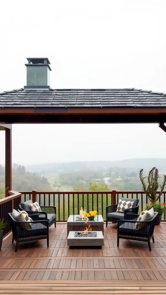 19 Creative Deck with Roof Ideas for Your Outdoor Space 11 A deck with a roof featuring seating and a fire pit, overlooking a scenic view