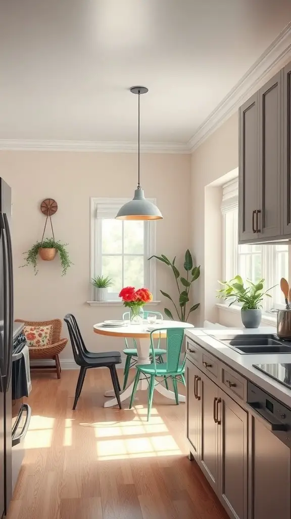 29 Stunning Kitchen Makeover Ideas for a Fresh Look 19 A cozy kitchen with a round dining table surrounded by colorful chairs and plants, illuminated by natural light.