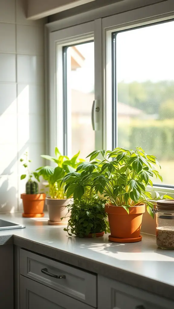 29 Stunning Kitchen Makeover Ideas for a Fresh Look 25 Indoor herb garden on a kitchen countertop with various plants in pots near a window.