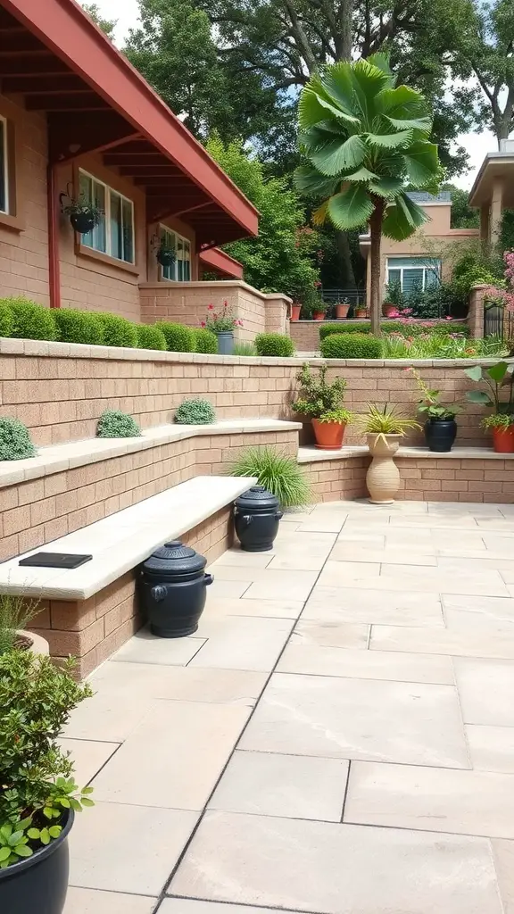 A landscaped outdoor area featuring retaining walls that serve as seating with plants and decorative pots.