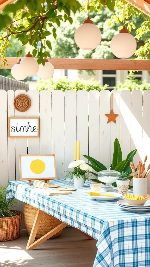 19 Creative Backyard Baby Shower Ideas You’ll Love 15 A bright and inviting backyard craft station featuring a blue plaid tablecloth, plants, and craft supplies.