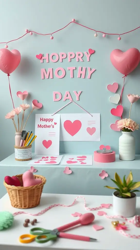 21 Creative Mother's Day Decor Ideas to Celebrate Mom 21 A cheerful Mother's Day craft station for kids with decorations, craft supplies, and heart-shaped elements.