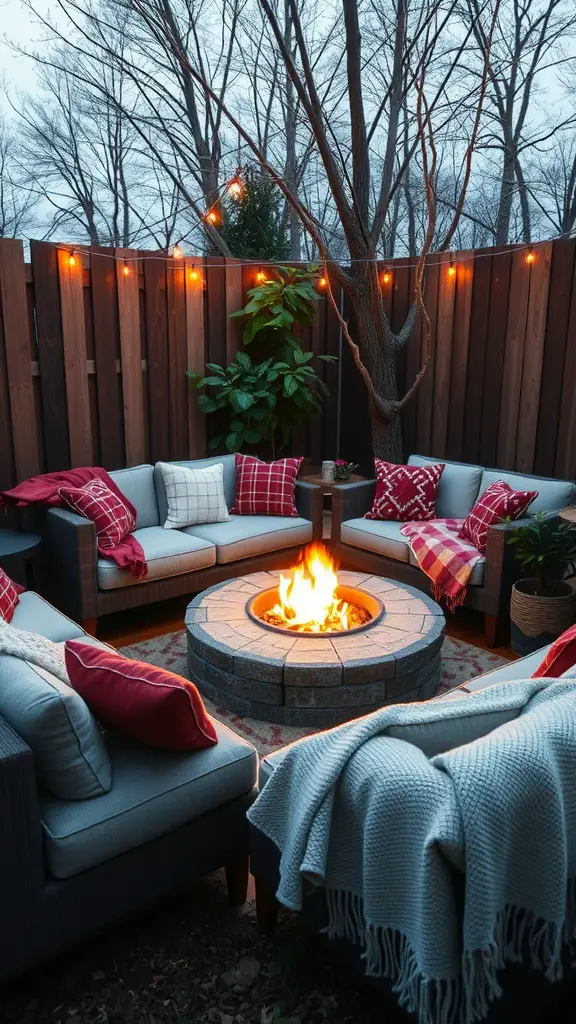17 Inspiring Backyard Patio and Fire Pit Ideas 11 Cozy outdoor patio with sofa and fire pit surrounded by string lights and plants