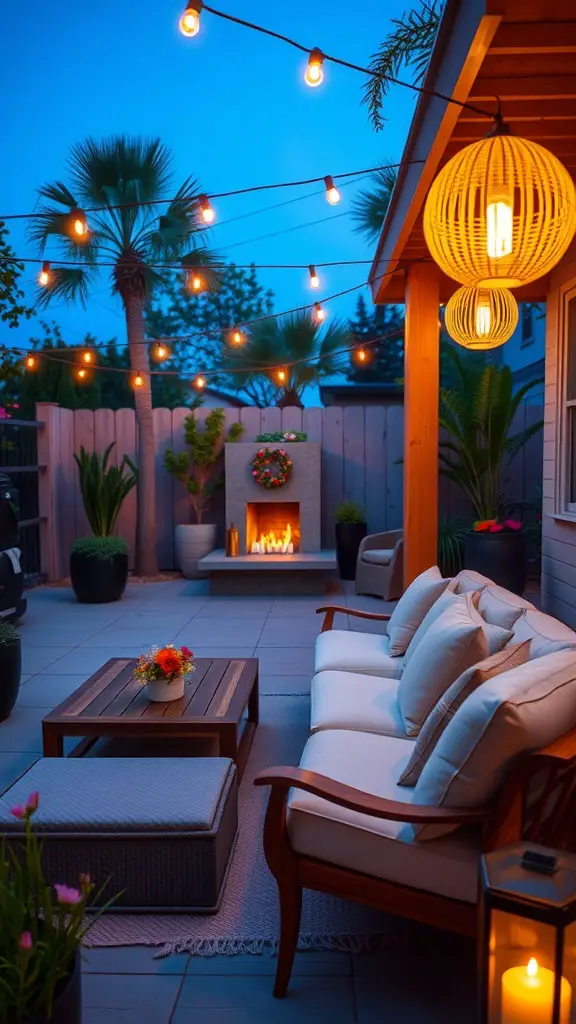 19 Creative Backyard Baby Shower Ideas You’ll Love 9 Cozy outdoor lounge area with comfortable seating, warm lighting, and a fireplace.
