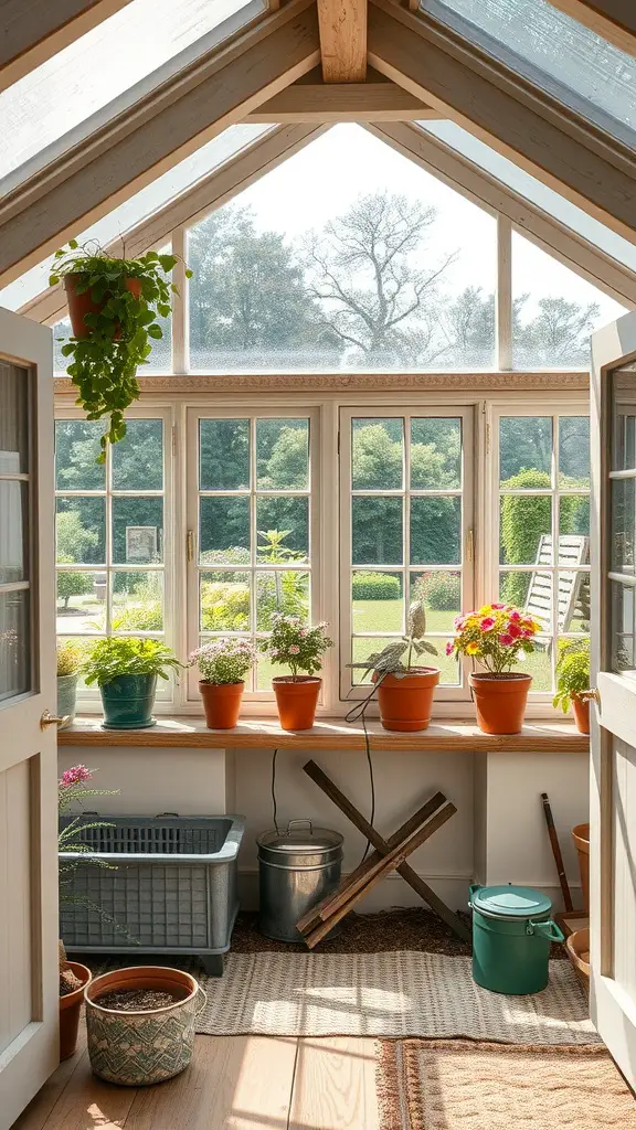 23 Stylish Potting Shed Interior Ideas for a Modern Touch 24 Interior of a potting shed with large windows displaying green outdoor views, filled with potted plants and wooden decor.
