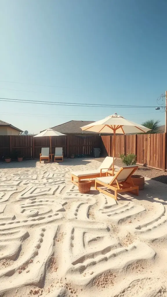 17 Creative Grass Alternative Backyard Ideas for a Stunning Outdoor Space 11 A backyard featuring an inviting sand area with lounge chairs and umbrellas.