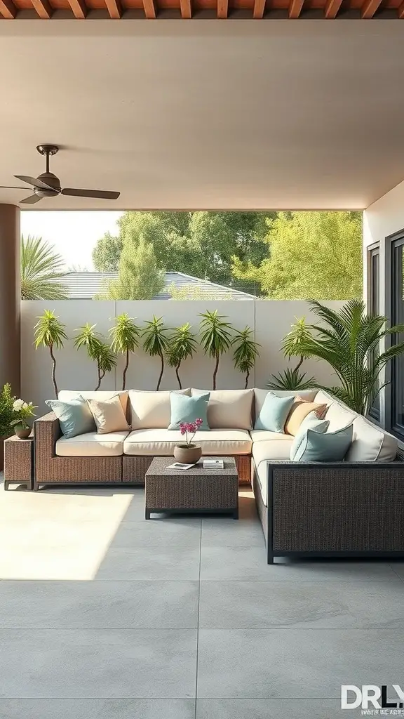 27 Creative DIY Outdoor Sectional Ideas for Your Backyard Retreat 8 An L-shaped sectional sofa in a modern outdoor space, surrounded by plants and a small coffee table.