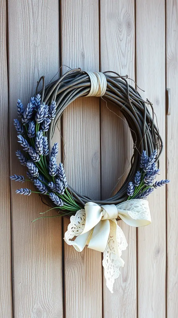 15 Beautiful DIY Spring Wreaths for Your Front Door 7 A lavender wreath made from grapevine with lace ribbon
