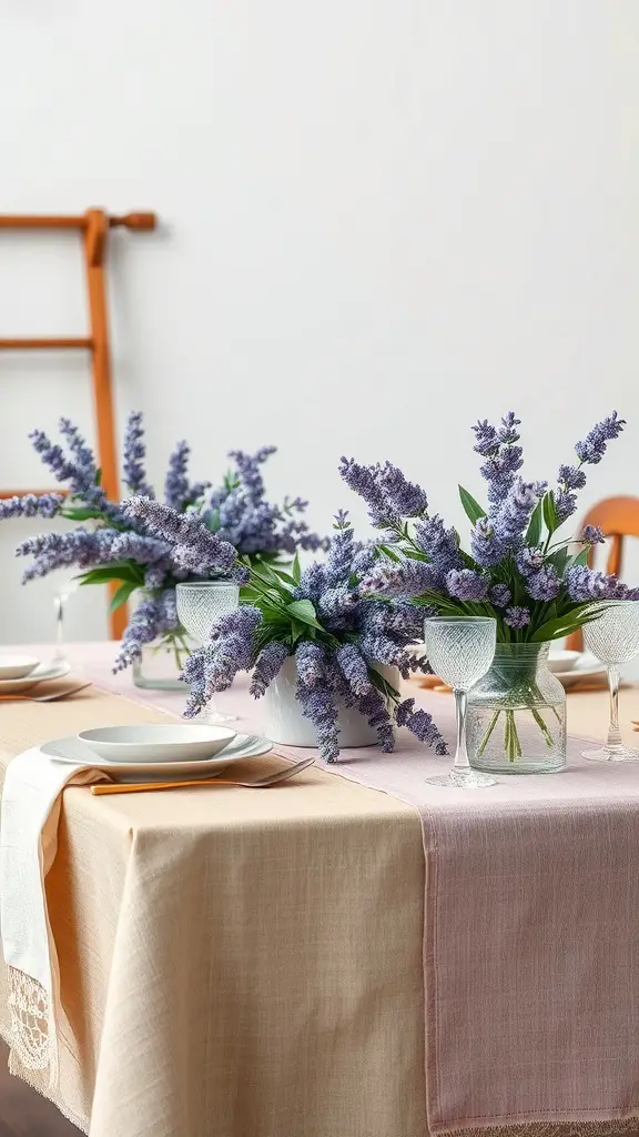 19 Stunning Summer Tablescape Ideas to Elevate Your Outdoor Dining 18 A summer tablescape featuring lavender flower arrangements on a peach and pink tablecloth.