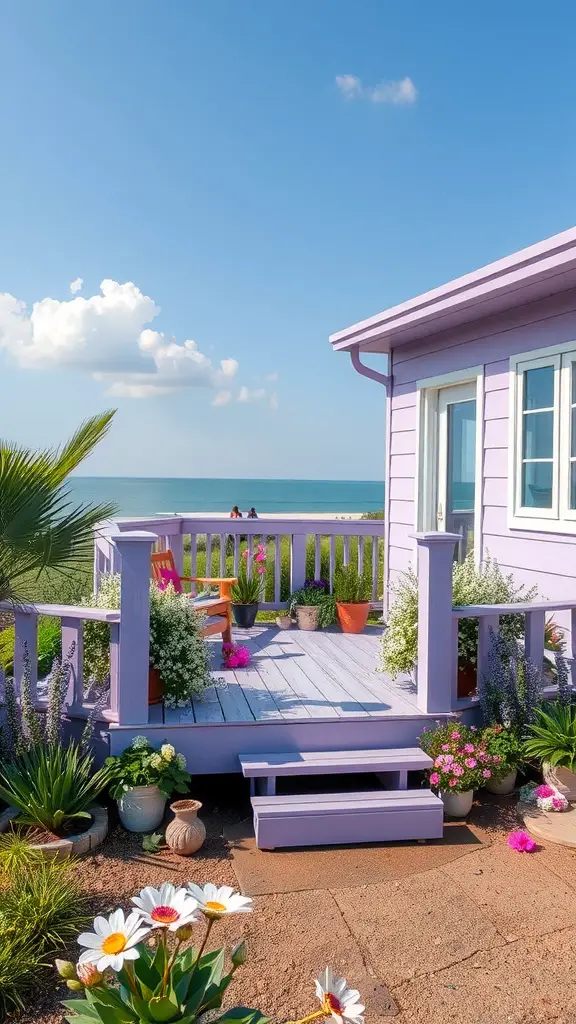 15 Stunning Deck Paint Color Ideas to Transform Your Outdoor Space 13 A lavender-painted deck with flowers and a view of the ocean