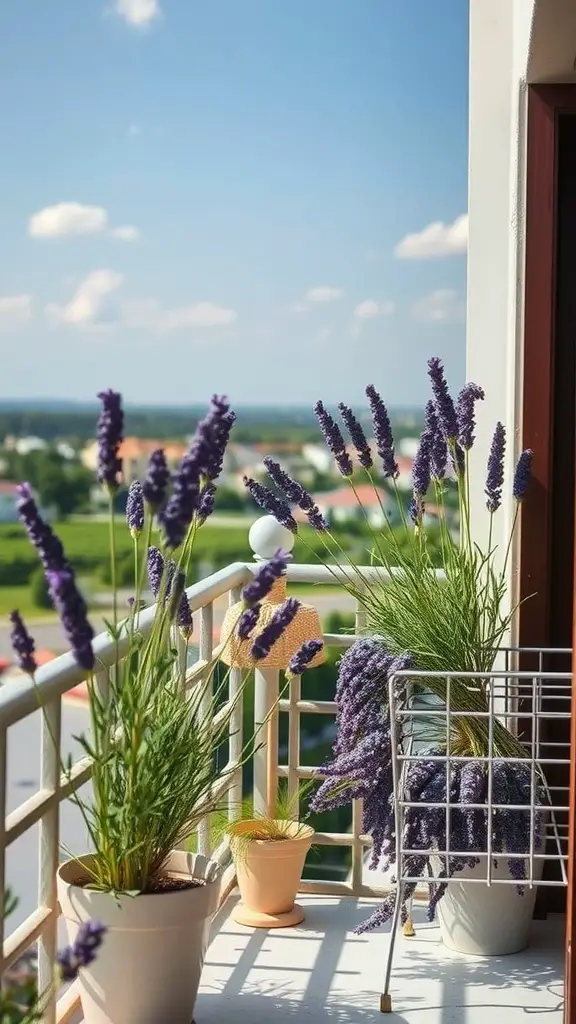 23 Stunning Balcony Flowers for a Colorful Outdoor Space 6 A balcony adorned with lavender plants, showcasing their purple blooms against a clear blue sky.