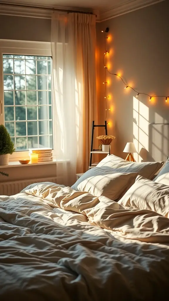 19 Enchanting Forestcore Bedroom Ideas 9 A cozy bedroom with layered lighting, featuring fairy lights, a bedside lamp, and natural sunlight.