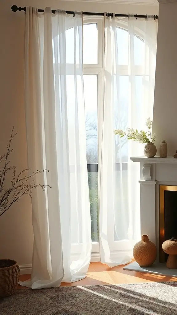 17 Charming Spring Fireplace Decor Ideas with TV Integration 11 Bright room with sheer white curtains, fireplace, and decorative vases