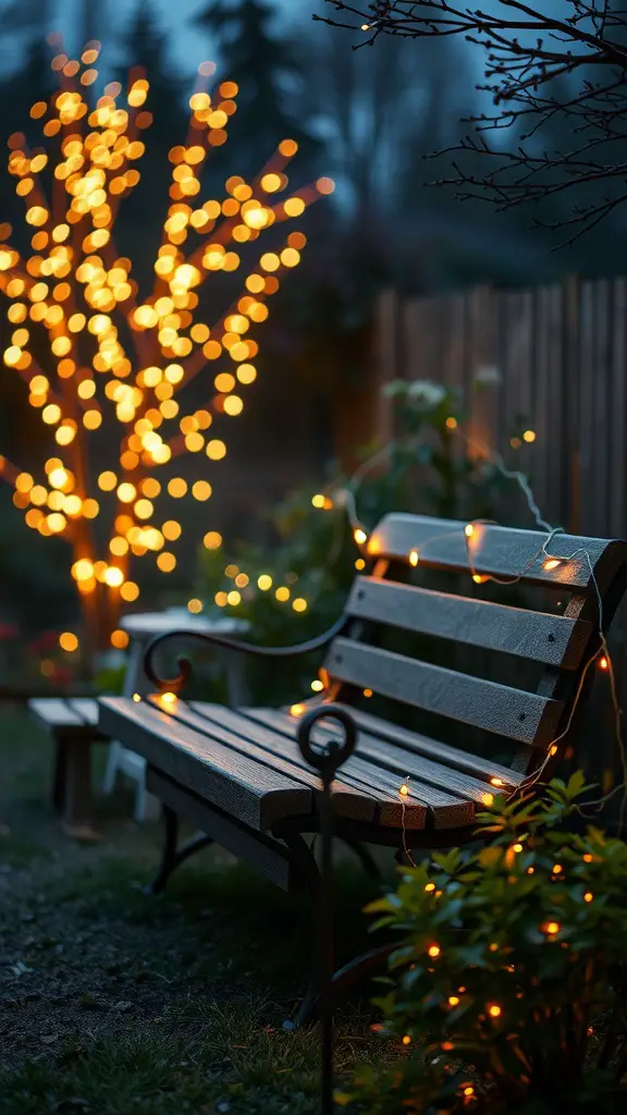 25 Creative Garden Bench Ideas to Enhance Your Outdoor Space 17 A garden bench adorned with fairy lights beside a lit tree, creating a warm nighttime atmosphere.