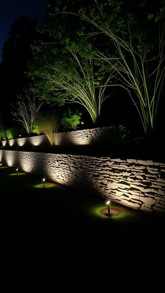 Illuminated retaining wall with trees and path lights at night