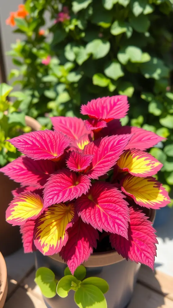 19 Stunning Container Plants for Full Sun Gardens 14 A colorful coleus plant with deep pink and bright yellow foliage in a container, set against a backdrop of greenery.