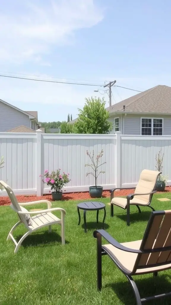 27 Affordable DIY Fence Ideas to Transform Your Yard 28 A backyard with a low-cost vinyl fence, green lawn, and seating area.