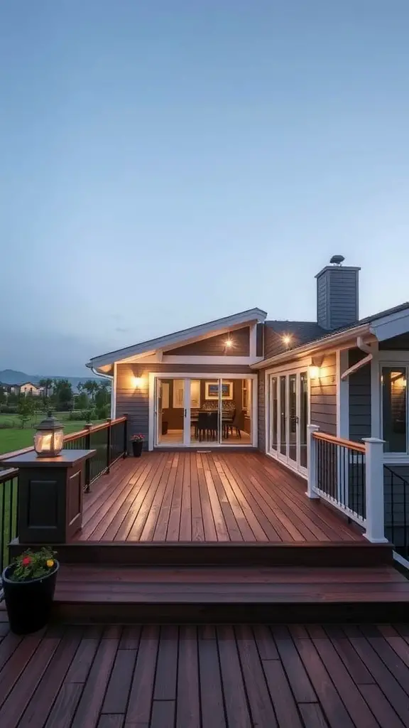 19 Creative Deck with Roof Ideas for Your Outdoor Space 15 A deck with a low-slope roof, featuring wooden decking and soft lighting.