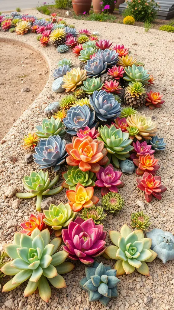 17 Creative Curved Flower Bed Ideas to Enhance Your Garden 12 Colorful curved succulent bed with various succulents arranged along a gravel path.