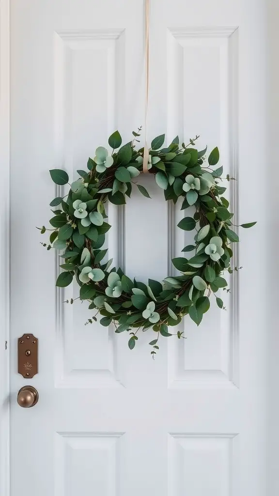 35 Stunning Summer Wreath Ideas for Your Front Door 7 A lush green eucalyptus wreath hanging on a white door.