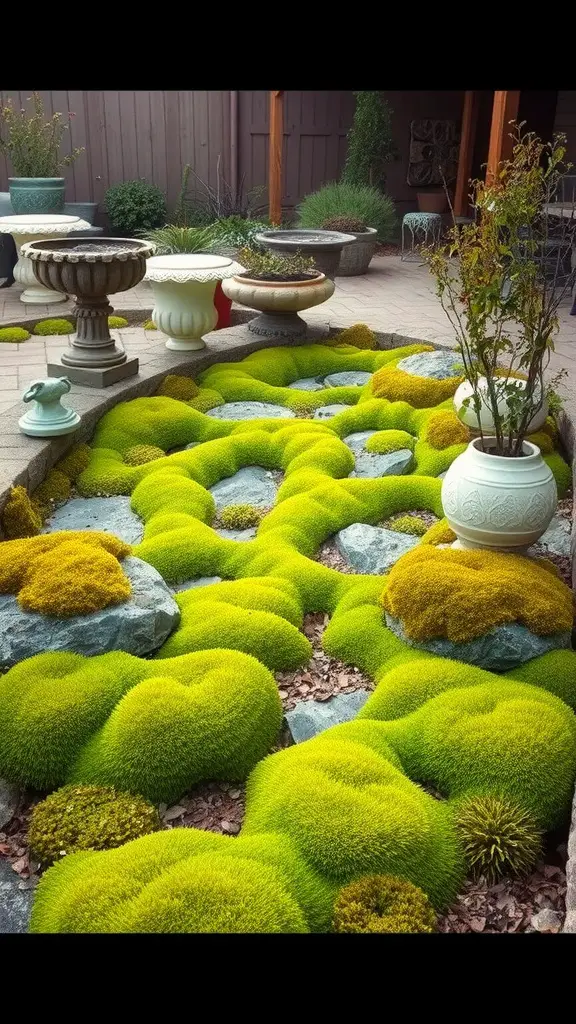 17 Creative Grass Alternative Backyard Ideas for a Stunning Outdoor Space 13 A vibrant moss garden with patches of green moss interspersed with stones and decorative planters.